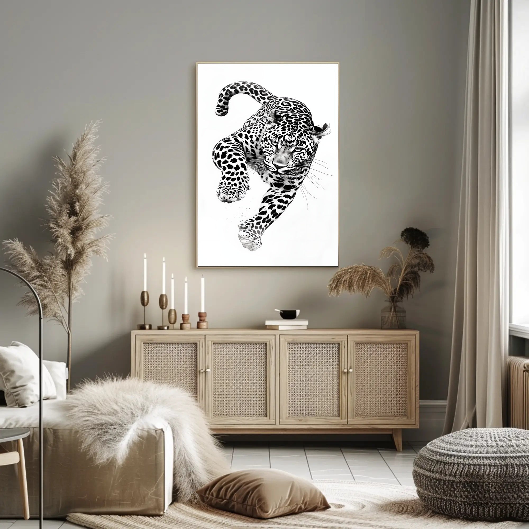 Leaping Leopard Black-and-White Artistic Animal Poster PosterGoat