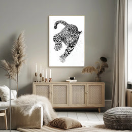 Leaping Leopard Black-and-White Artistic Animal Poster PosterGoat