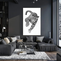 Leaping Leopard Black-and-White Artistic Animal Poster PosterGoat
