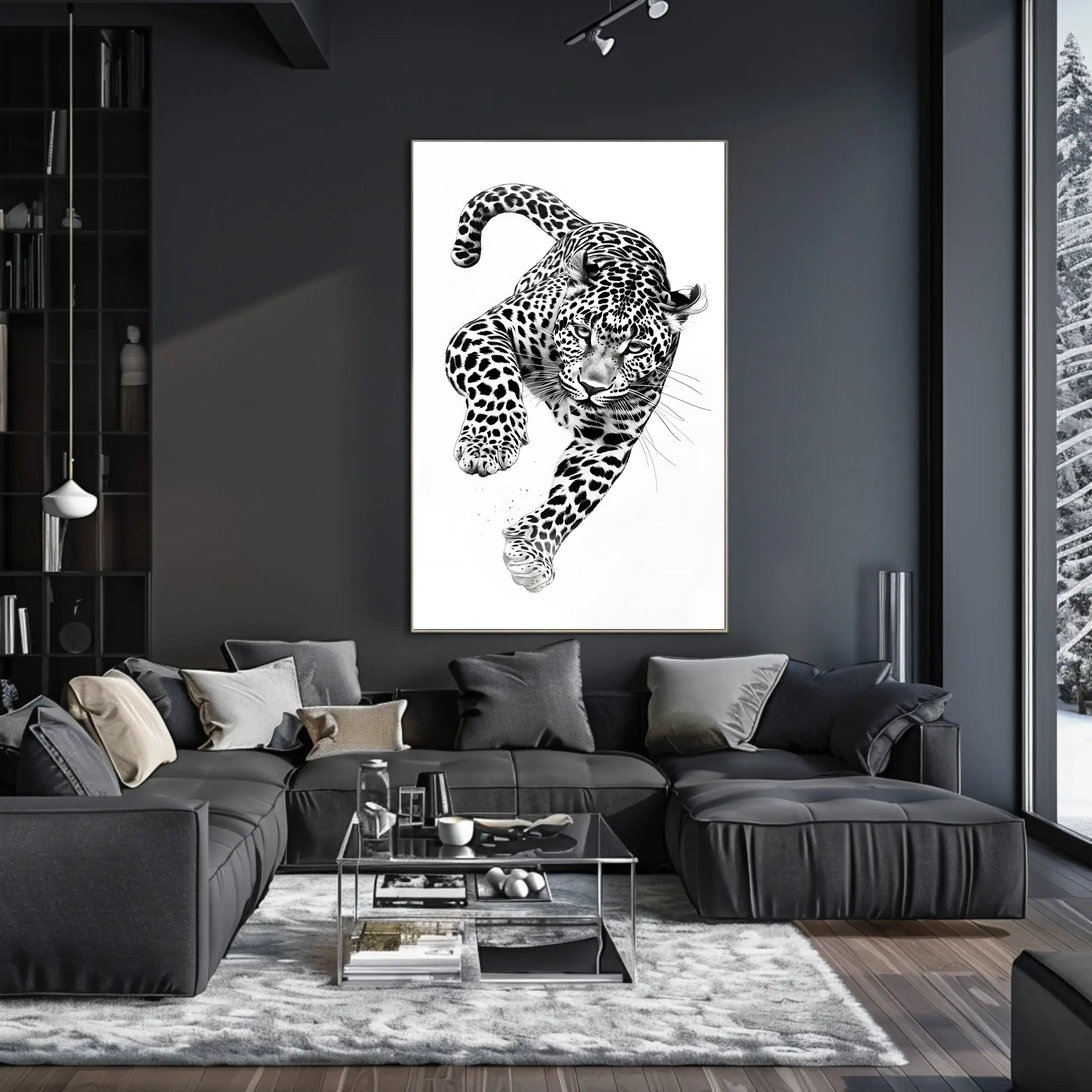 Leaping Leopard Black-and-White Artistic Animal Poster PosterGoat