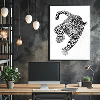Leaping Leopard Black-and-White Artistic Animal Poster PosterGoat