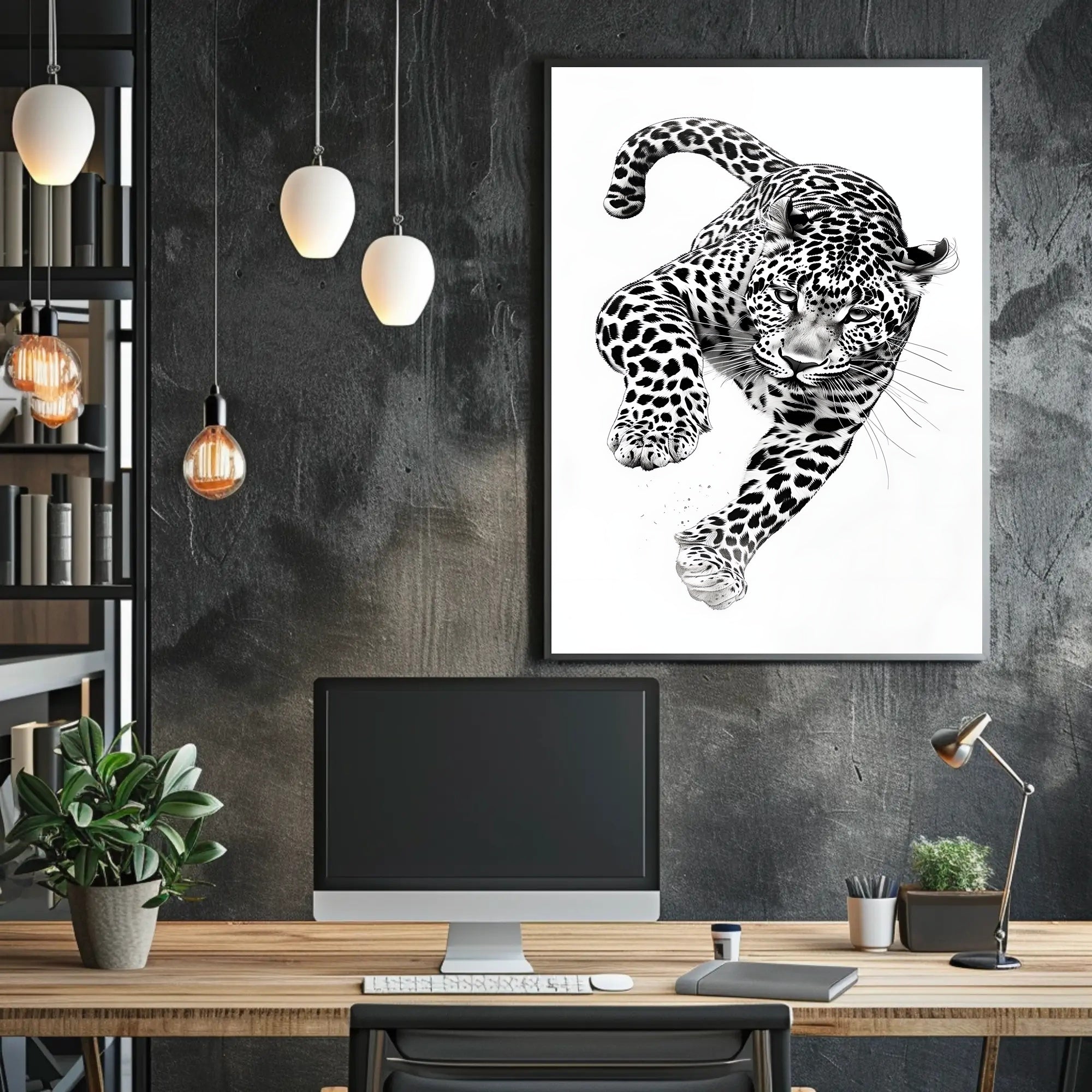 Leaping Leopard Black-and-White Artistic Animal Poster PosterGoat