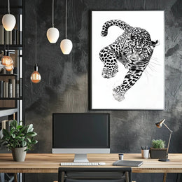 Leaping Leopard Black-and-White Artistic Animal Poster PosterGoat