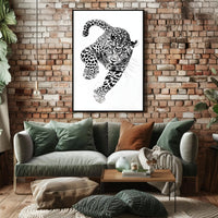 Leaping Leopard Black-and-White Artistic Animal Poster PosterGoat
