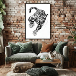 Leaping Leopard Black-and-White Artistic Animal Poster PosterGoat