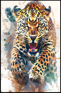 Leaping Leopard Dynamic Art Animal Poster PosterGoat