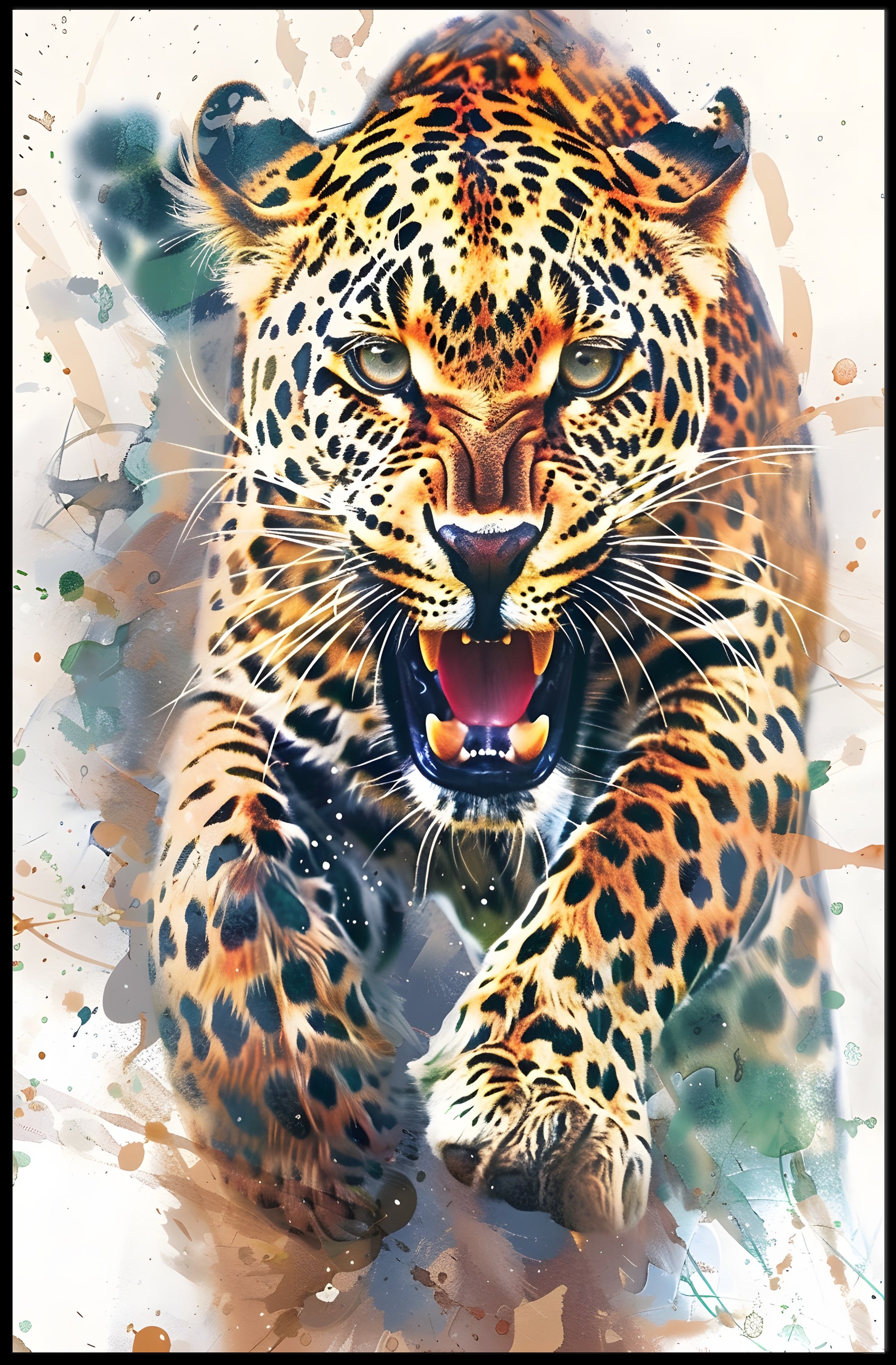 Leaping Leopard Dynamic Art Animal Poster PosterGoat