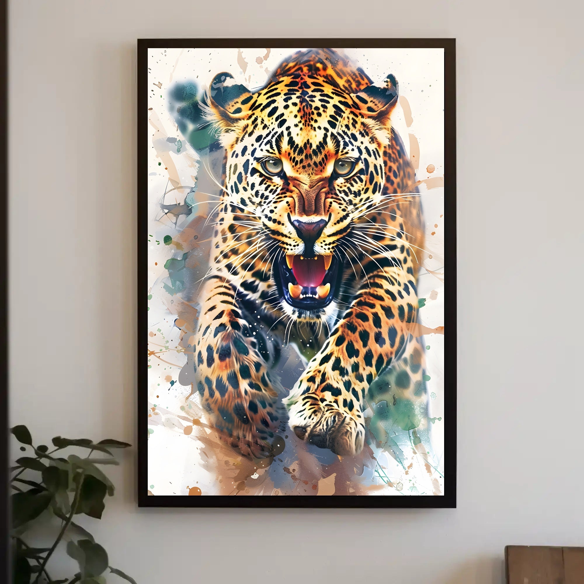 Leaping Leopard Dynamic Art Animal Poster PosterGoat