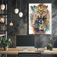 Leaping Leopard Dynamic Art Animal Poster PosterGoat