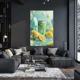 Lemon Drink Amidst Dreamy Citrus Landscape - Artistic Poster PosterGoat