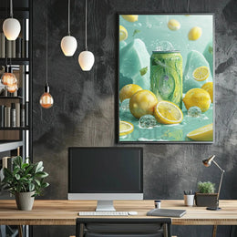Lemon Drink Amidst Dreamy Citrus Landscape - Artistic Poster PosterGoat