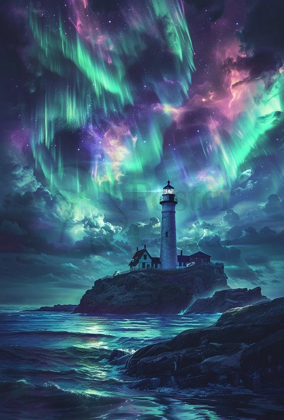 Lighthouse Aurora Borealis Coastal Art Print - Artistic Poster PosterGoat
