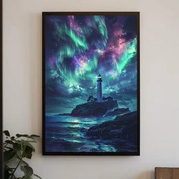 Lighthouse Aurora Borealis Coastal Art Print - Artistic Poster PosterGoat