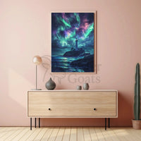 Lighthouse Aurora Borealis Coastal Art Print - Artistic Poster PosterGoat