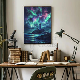 Lighthouse Aurora Borealis Coastal Art Print - Artistic Poster PosterGoat