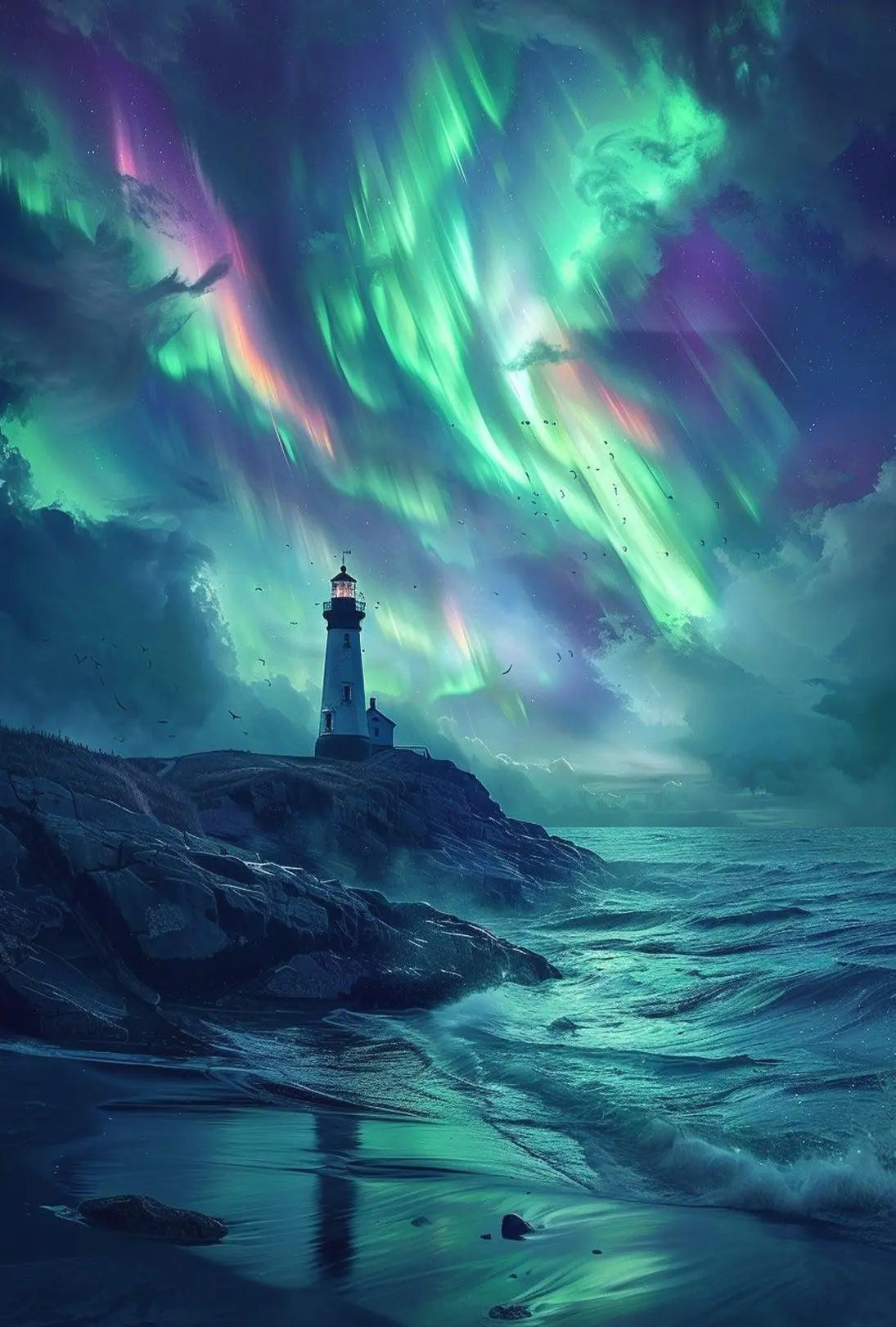 Lighthouse Under Auroras Art Print - Abstract Poster PosterGoat