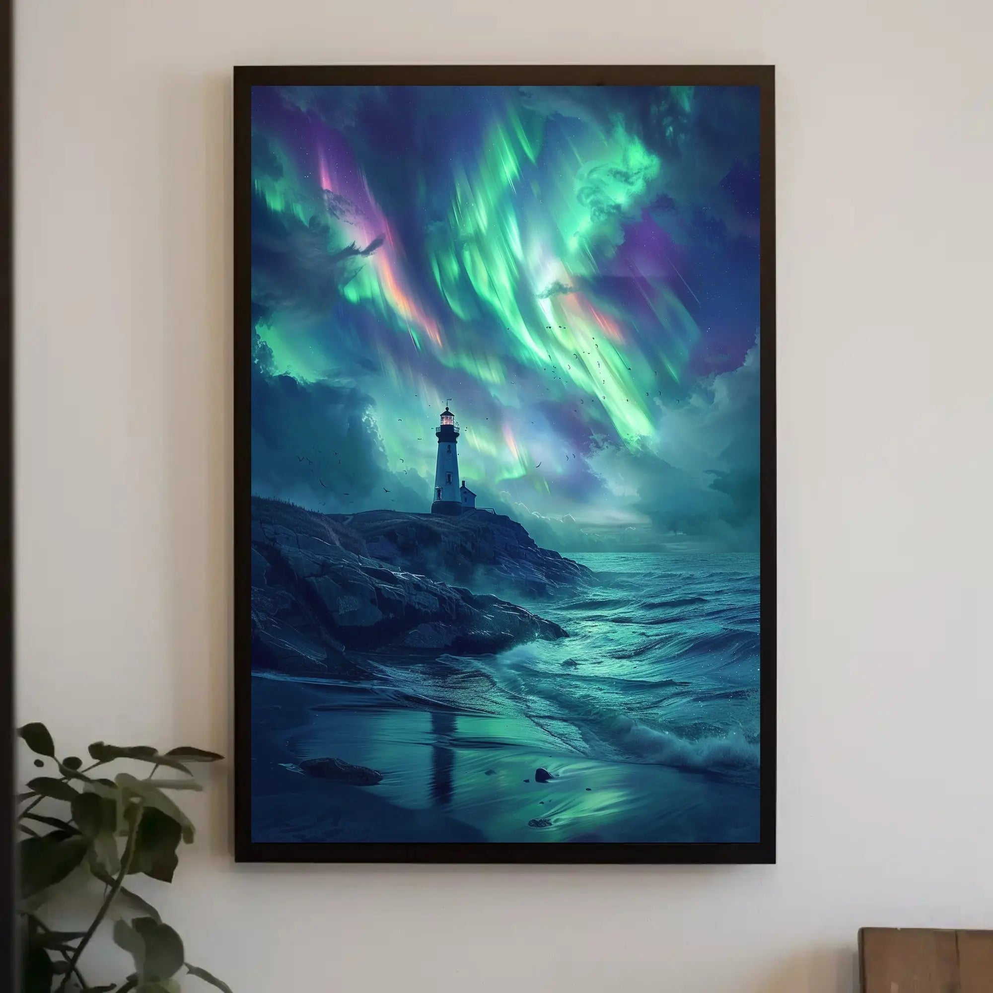 Lighthouse Under Auroras Art Print - Abstract Poster PosterGoat