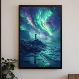 Lighthouse Under Auroras Art Print - Abstract Poster PosterGoat