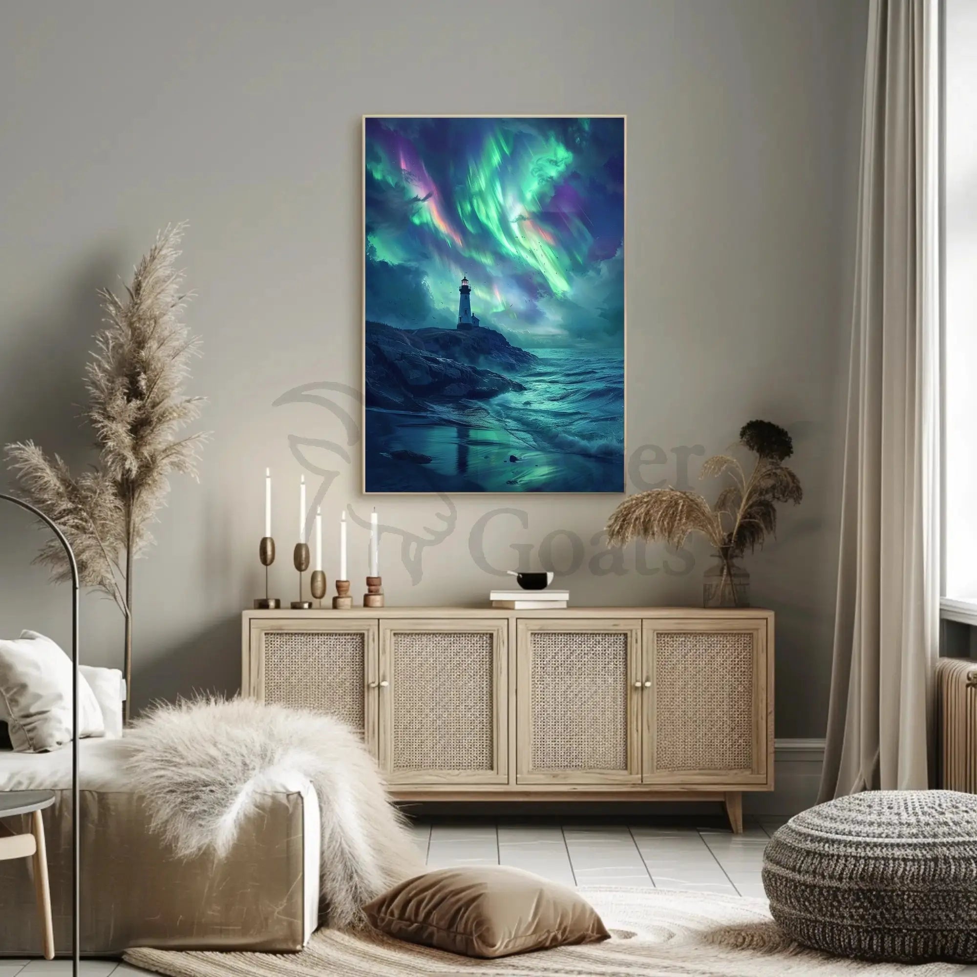 Lighthouse Under Auroras Art Print - Abstract Poster PosterGoat