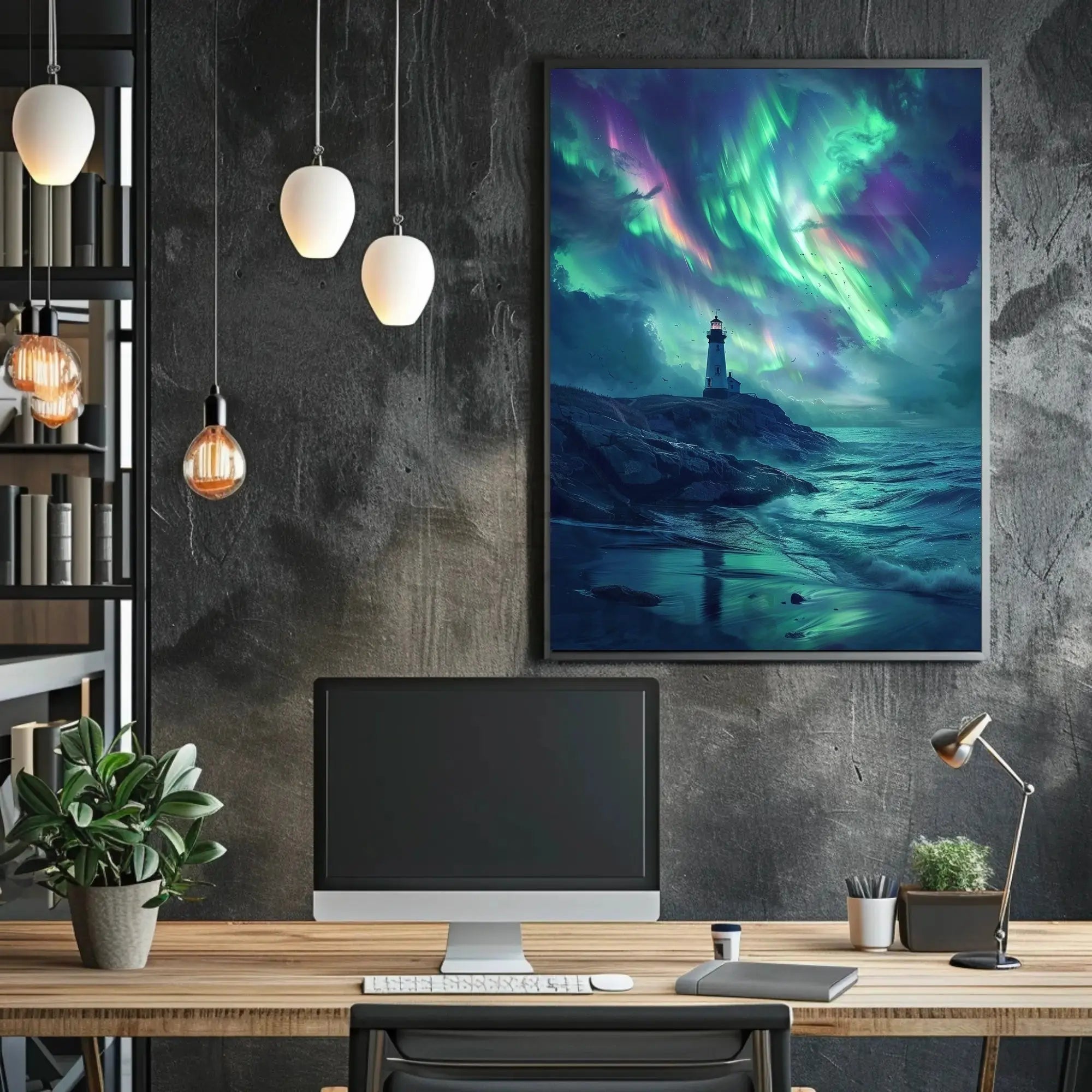 Lighthouse Under Auroras Art Print - Abstract Poster PosterGoat