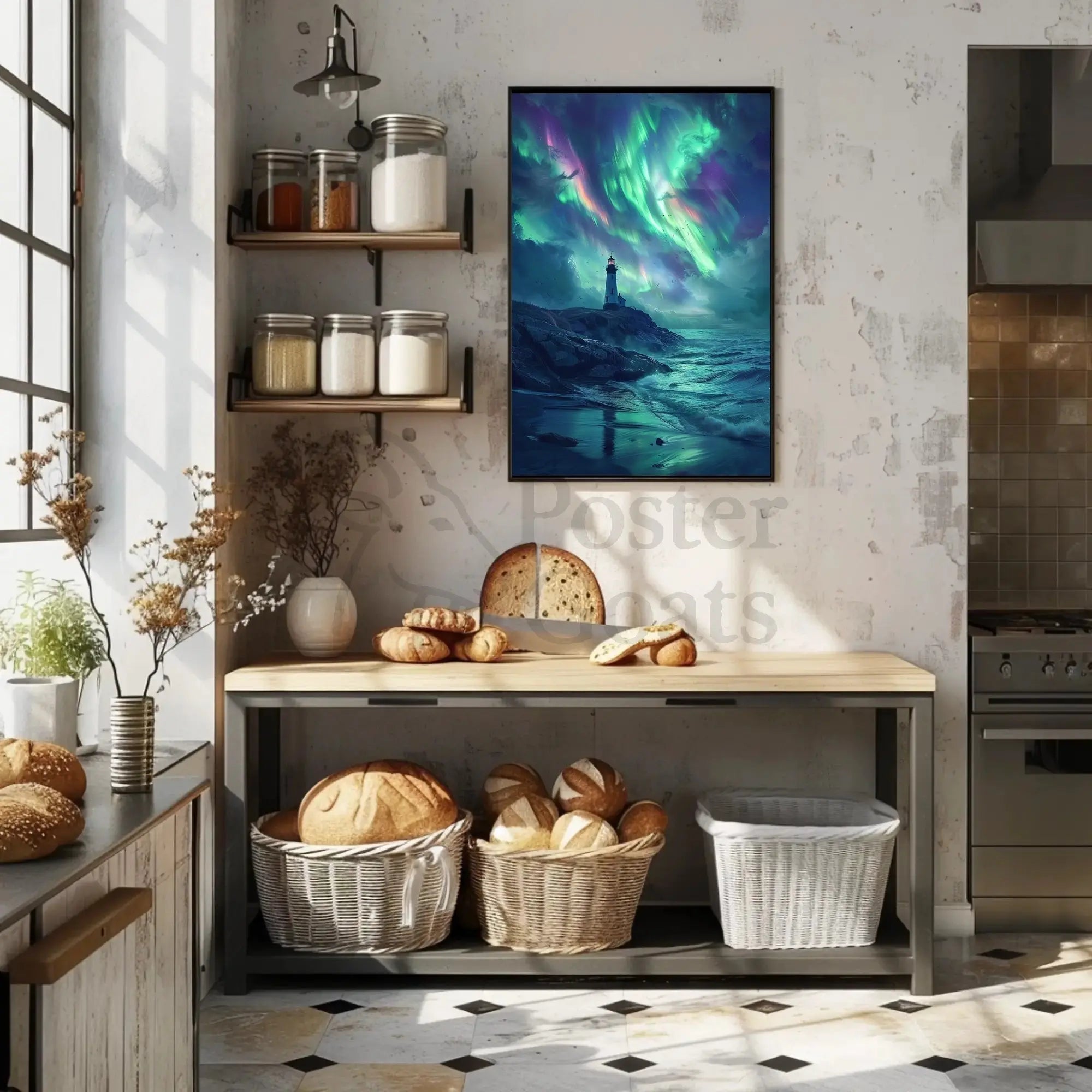 Lighthouse Under Auroras Art Print - Abstract Poster PosterGoat