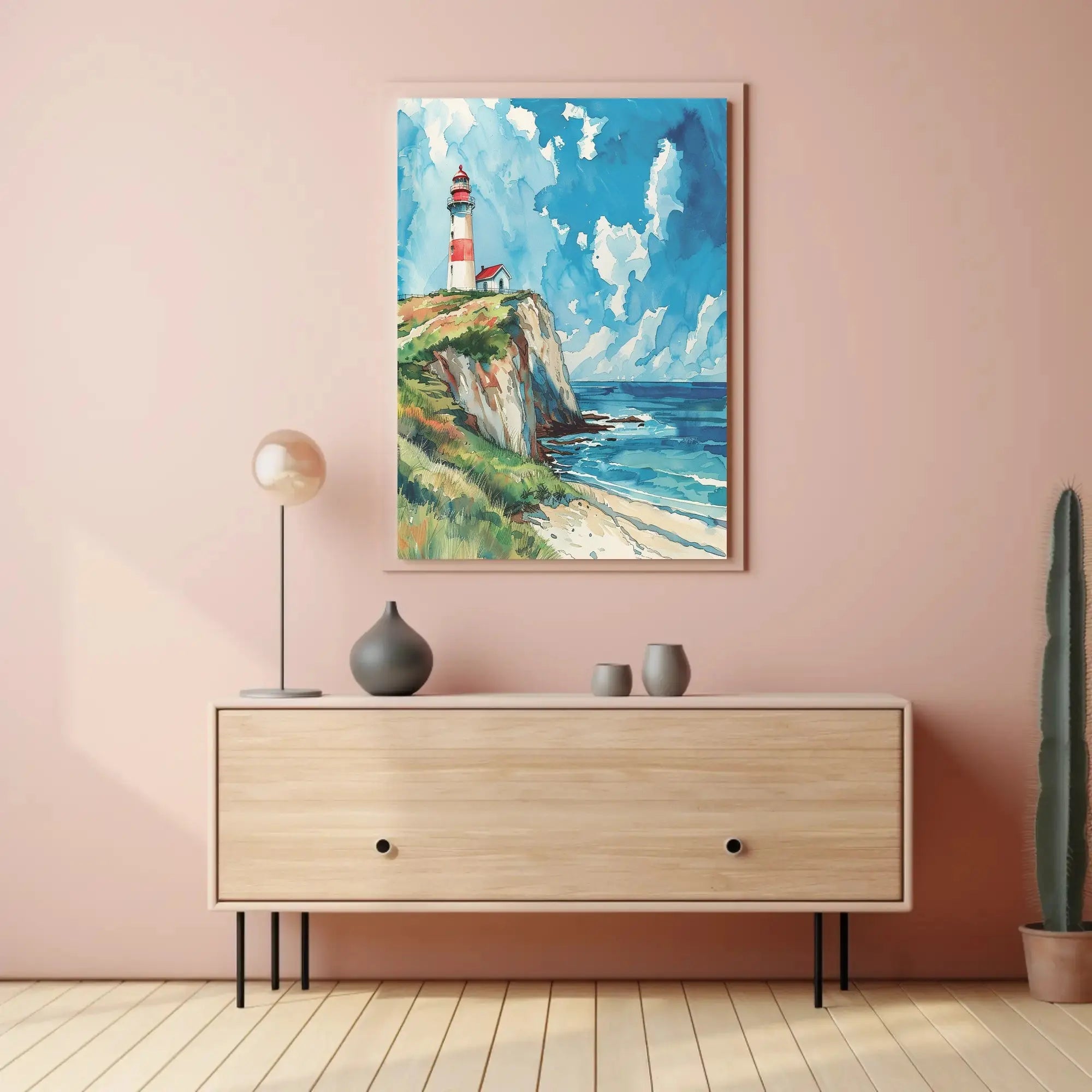Lighthouse on Cliff Watercolor Art - Artistic Poster PosterGoat