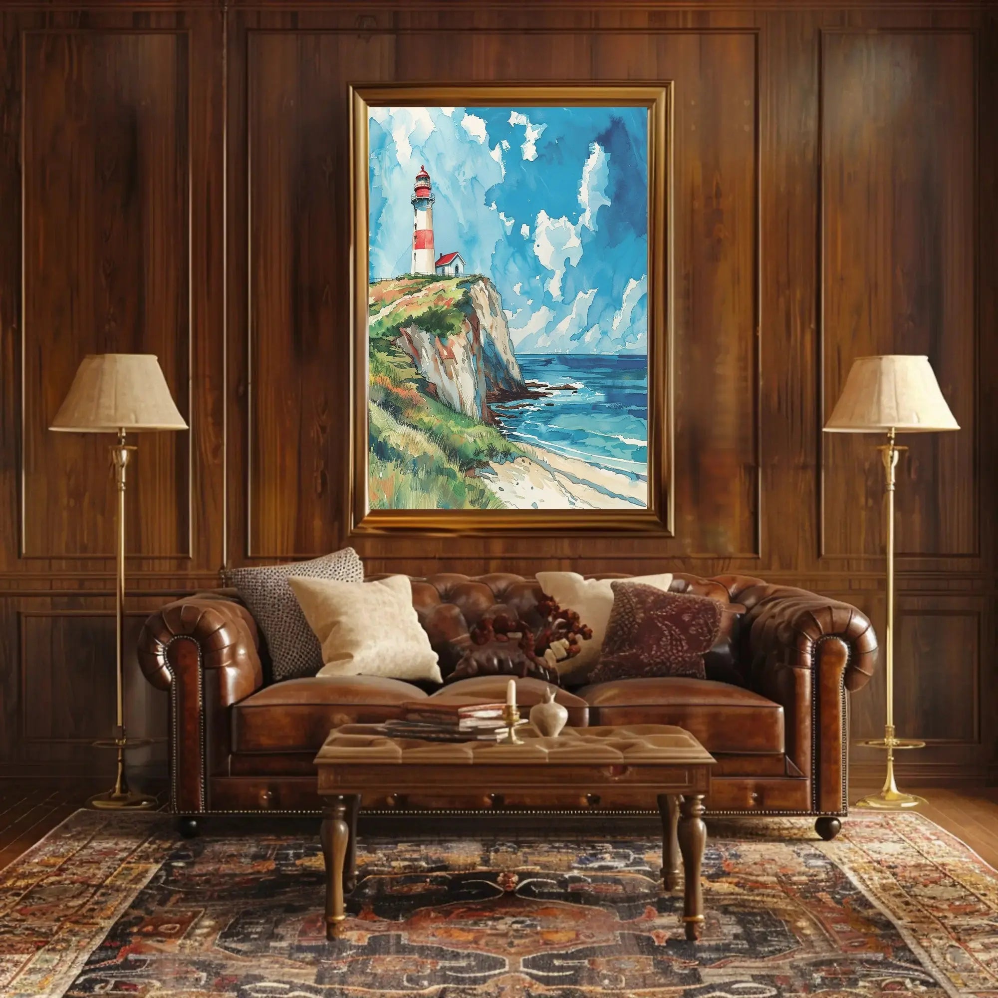 Lighthouse on Cliff Watercolor Art - Artistic Poster PosterGoat