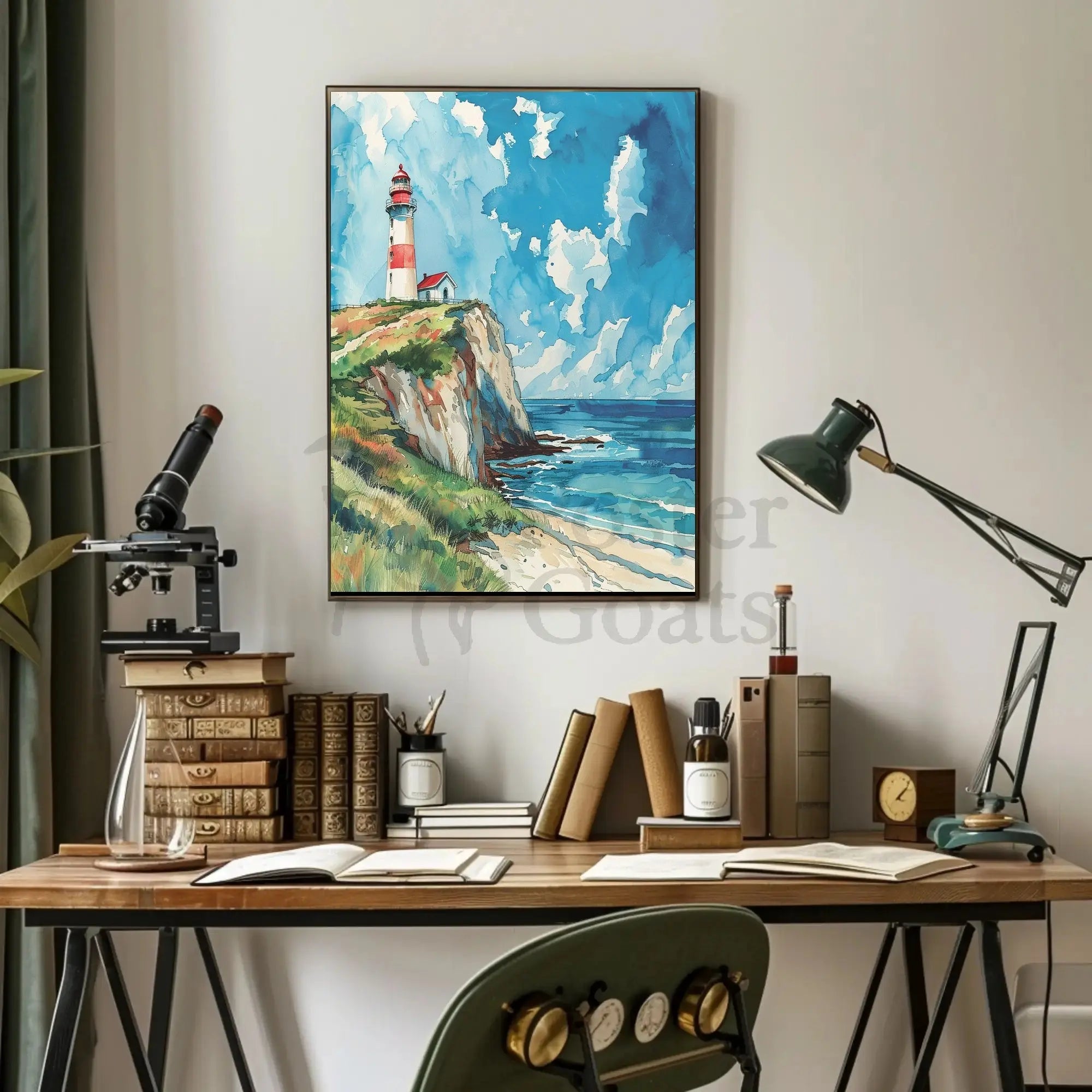 Lighthouse on Cliff Watercolor Art - Artistic Poster PosterGoat