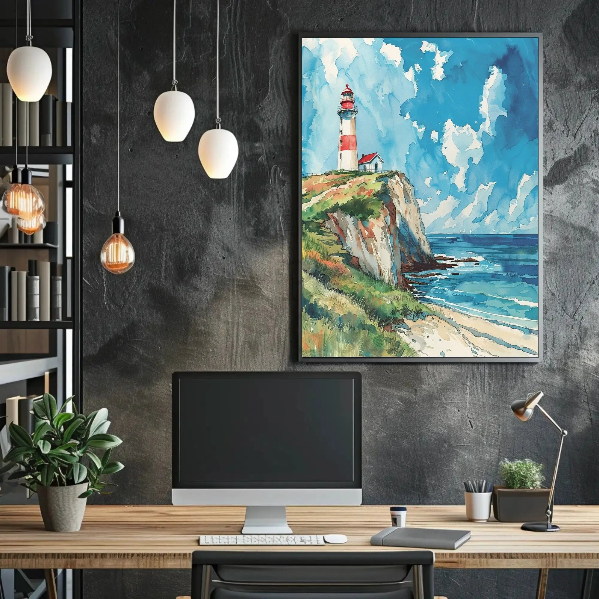 Lighthouse on Cliff Watercolor Art - Artistic Poster PosterGoat