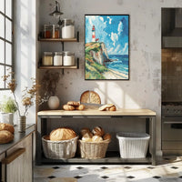 Lighthouse on Cliff Watercolor Art - Artistic Poster PosterGoat