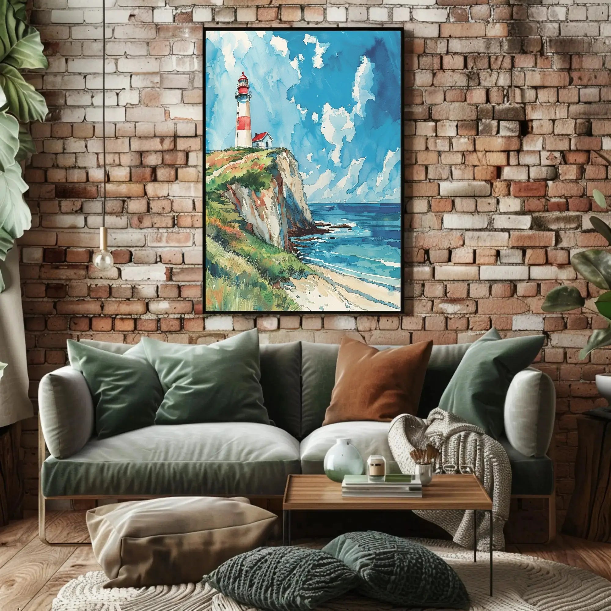 Lighthouse on Cliff Watercolor Art - Artistic Poster PosterGoat