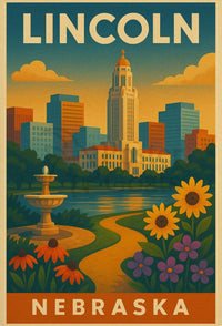 Lincoln Nebraska Vintage Travel Art Deco Skyline Poster PosterGoat