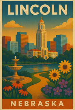 Lincoln Nebraska Vintage Travel Art Deco Skyline Poster PosterGoat