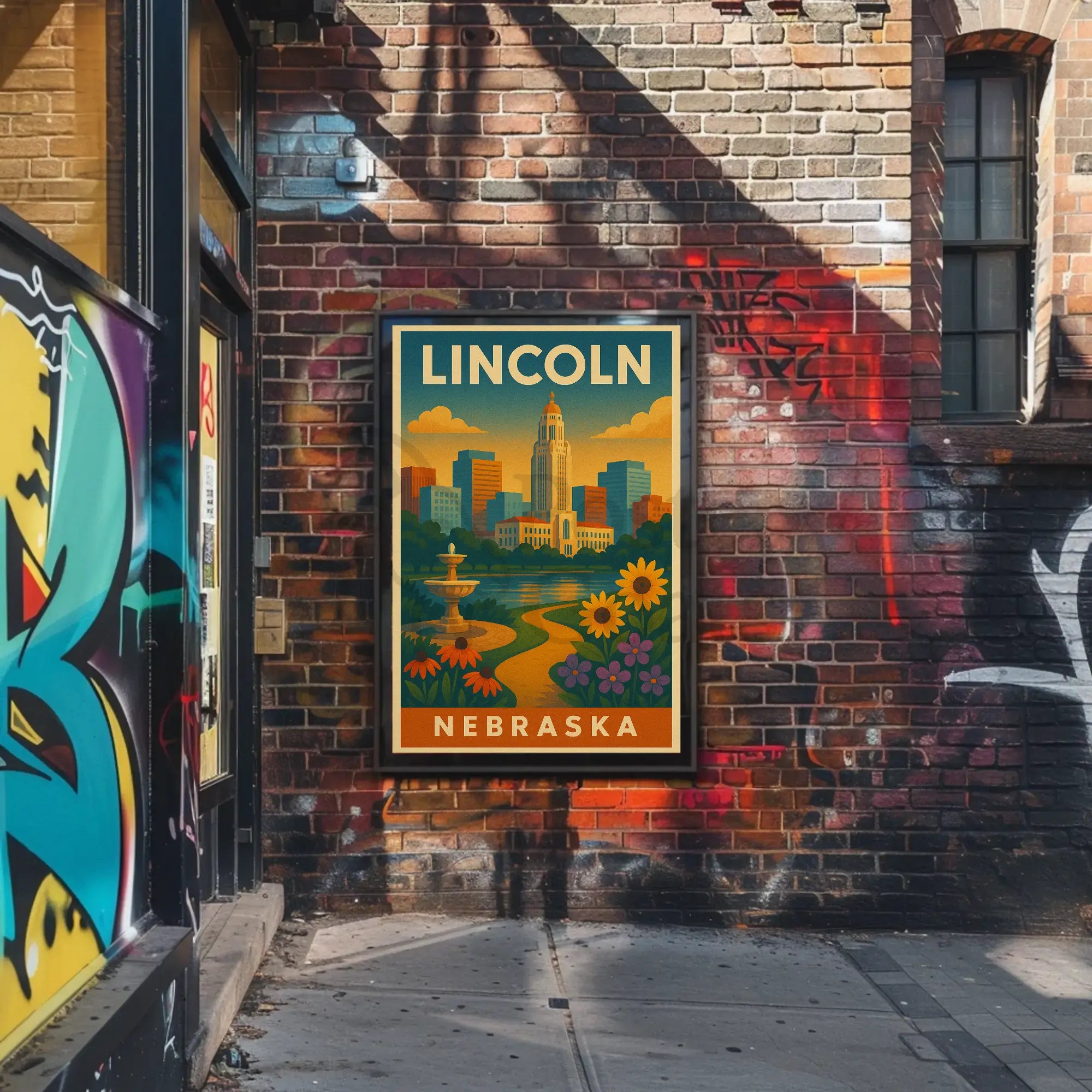 Lincoln Nebraska Vintage Travel Art Deco Skyline Poster PosterGoat