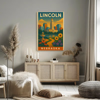 Lincoln Nebraska Vintage Travel Art Deco Skyline Poster PosterGoat