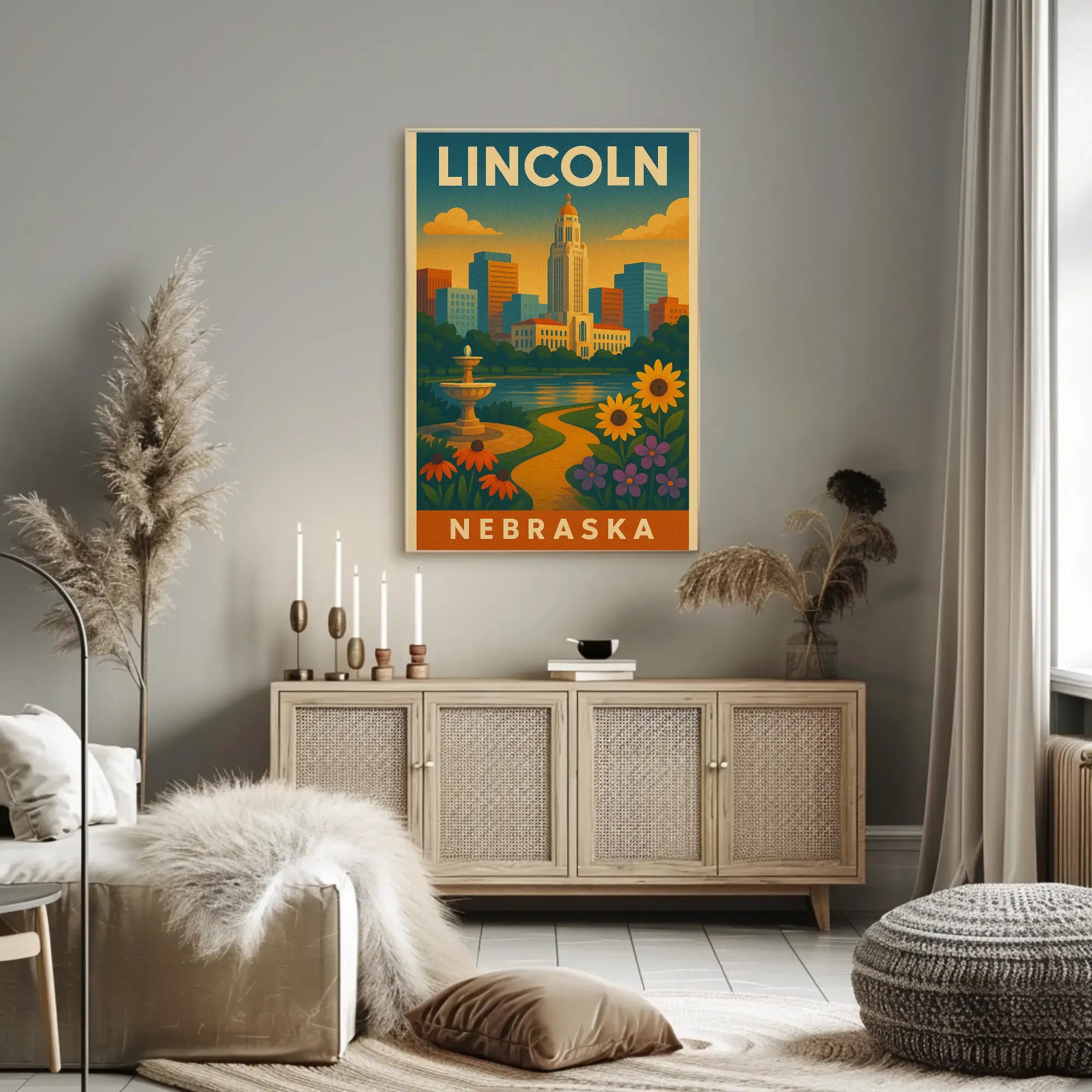 Lincoln Nebraska Vintage Travel Art Deco Skyline Poster PosterGoat