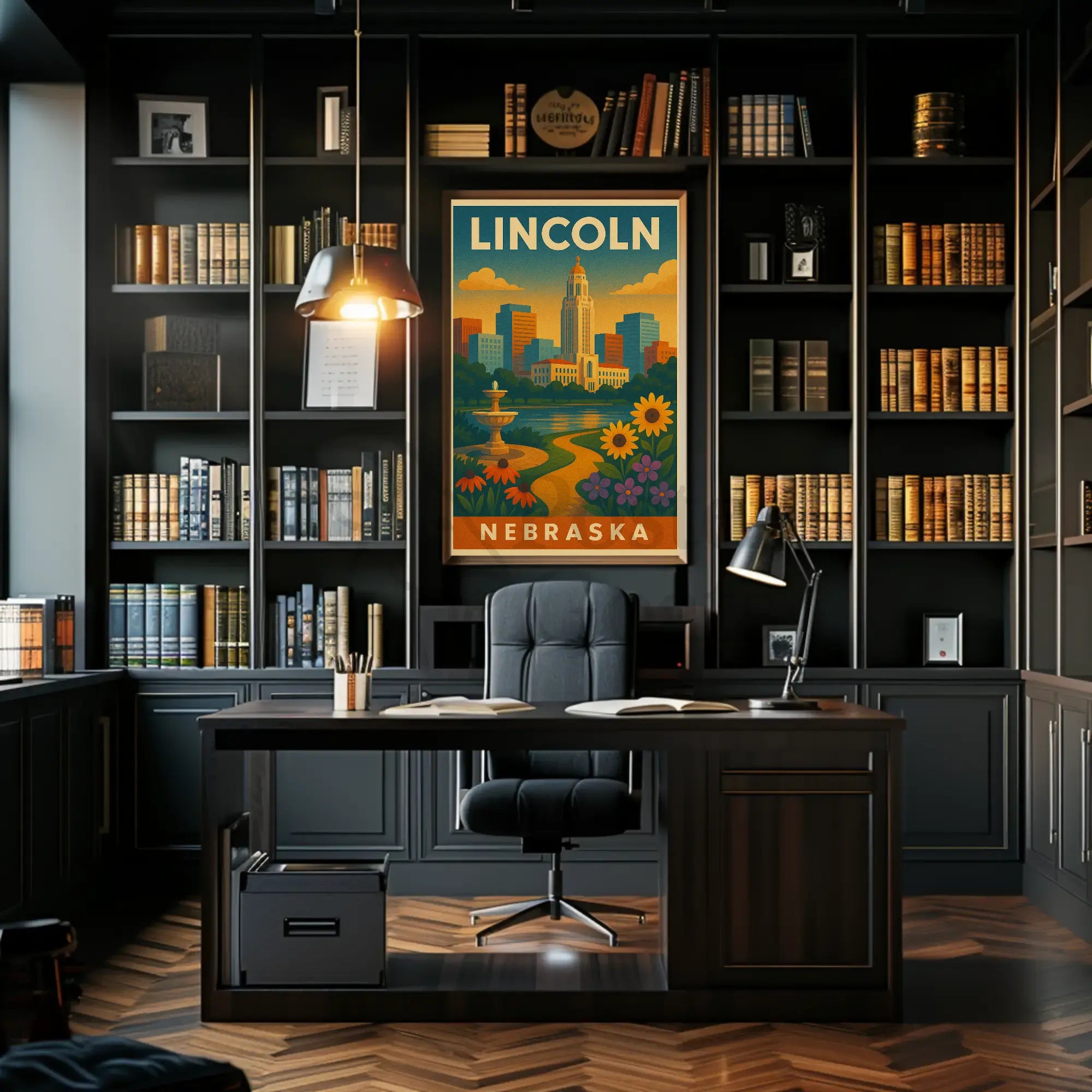 Lincoln Nebraska Vintage Travel Art Deco Skyline Poster PosterGoat