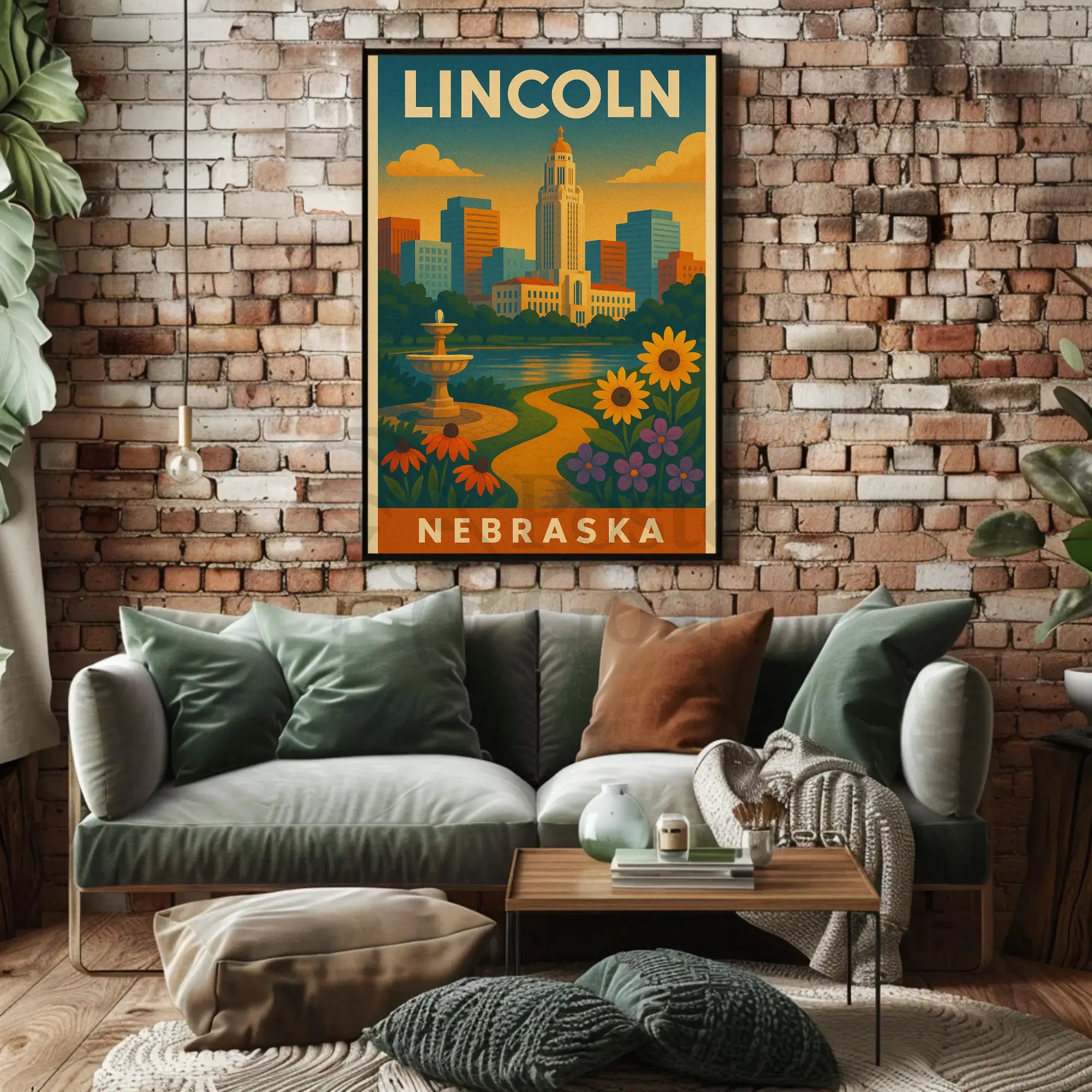 Lincoln Nebraska Vintage Travel Art Deco Skyline Poster PosterGoat