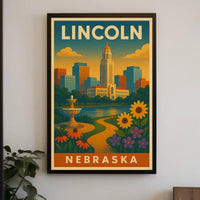 Lincoln Nebraska Vintage Travel Art Deco Skyline Poster PosterGoat