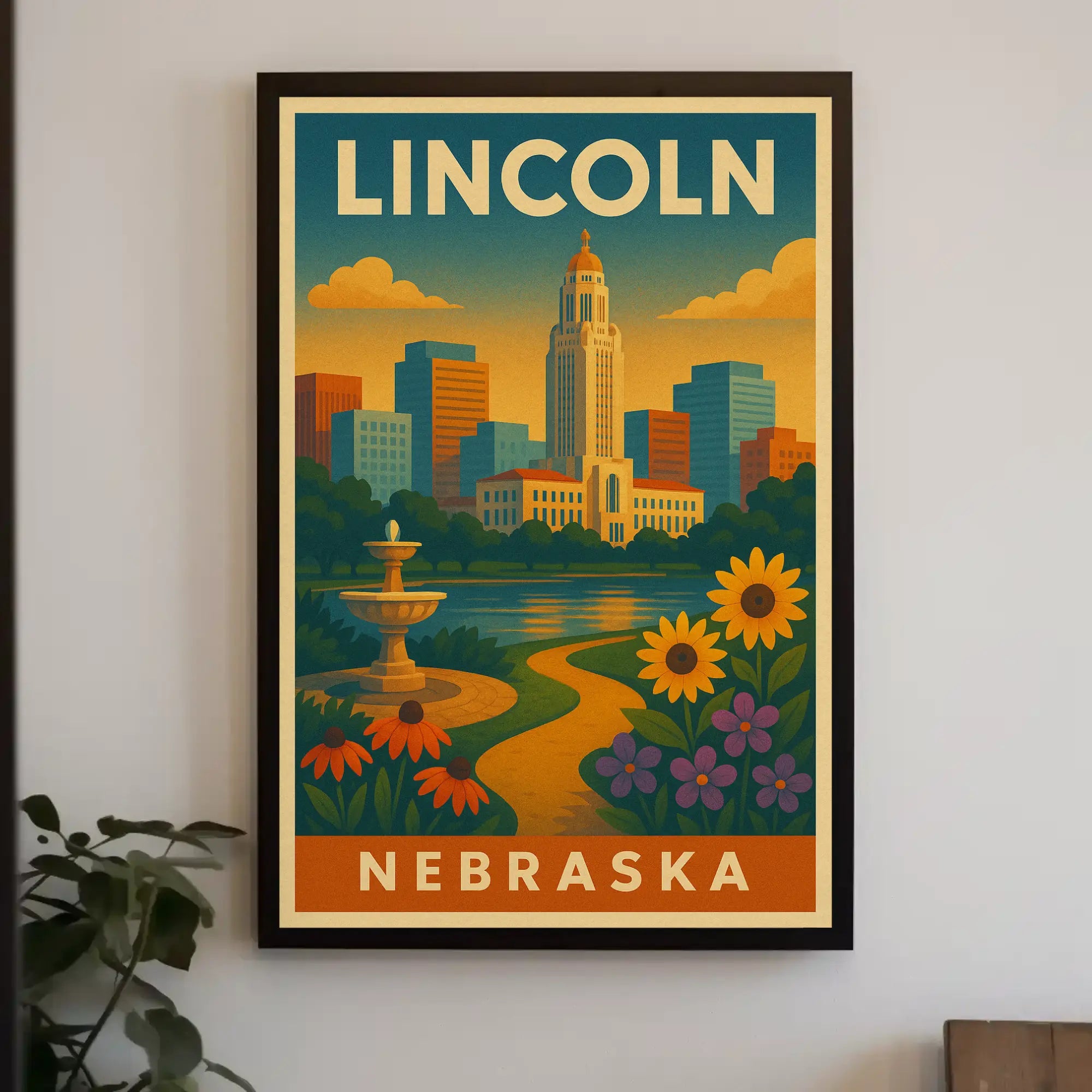 Lincoln Nebraska Vintage Travel Art Deco Skyline Poster PosterGoat