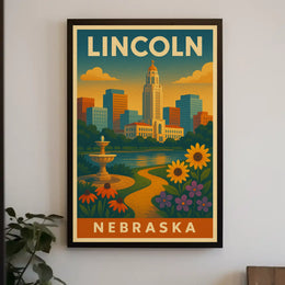 Lincoln Nebraska Vintage Travel Art Deco Skyline Poster PosterGoat