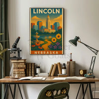 Lincoln Nebraska Vintage Travel Art Deco Skyline Poster PosterGoat