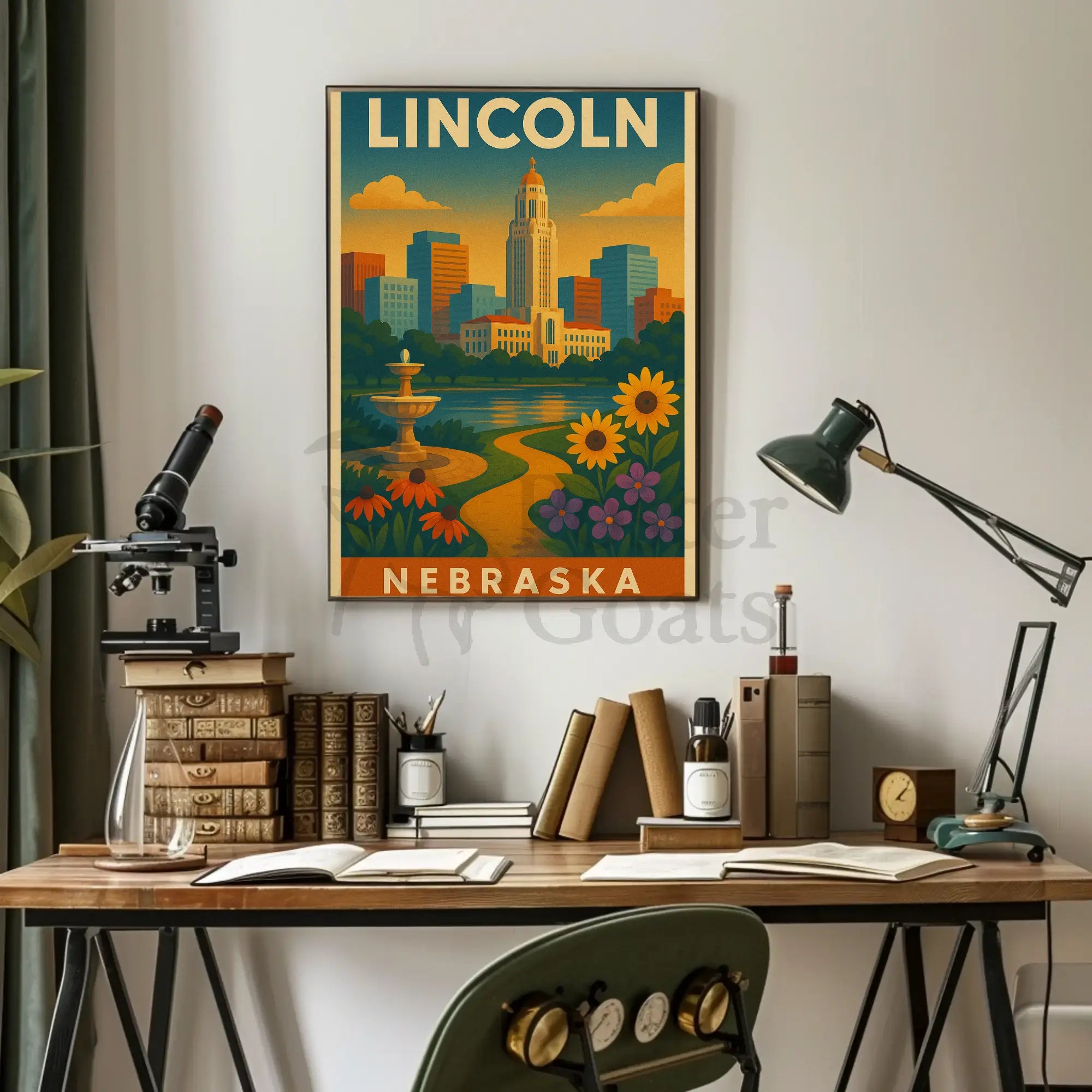 Lincoln Nebraska Vintage Travel Art Deco Skyline Poster PosterGoat