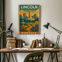 Lincoln Nebraska Vintage Travel Art Deco Skyline Poster PosterGoat