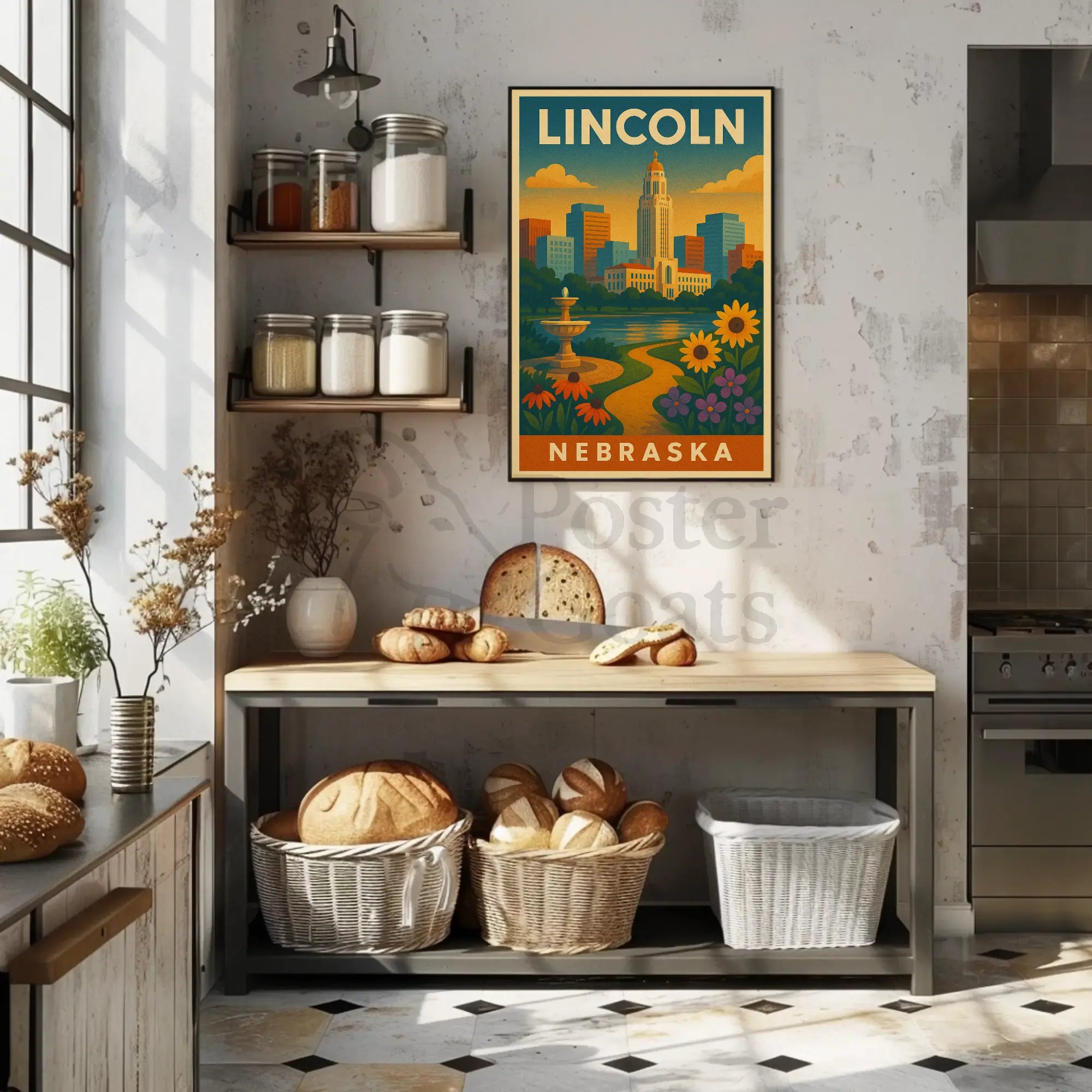 Lincoln Nebraska Vintage Travel Art Deco Skyline Poster PosterGoat