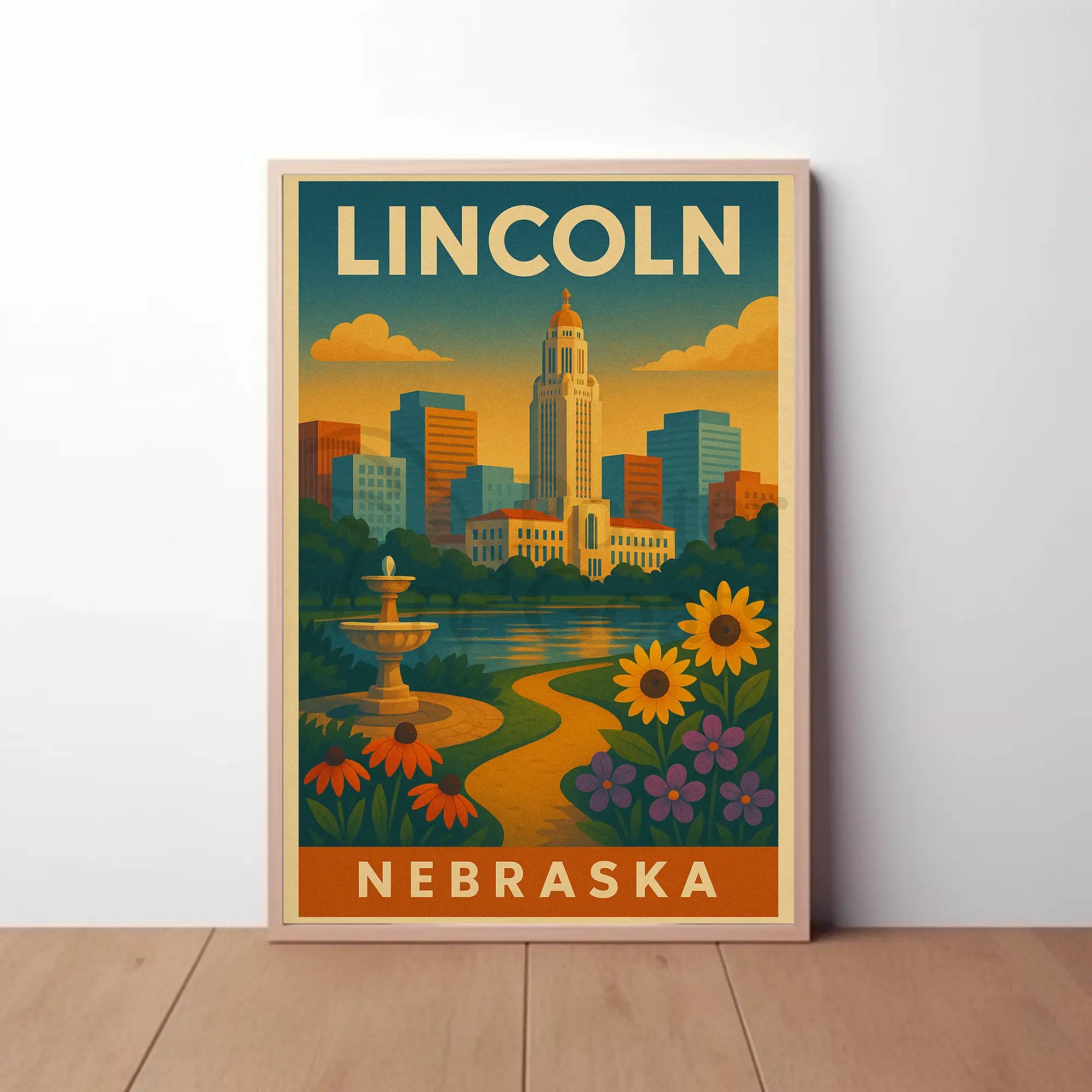 Lincoln Nebraska Vintage Travel Art Deco Skyline Poster PosterGoat