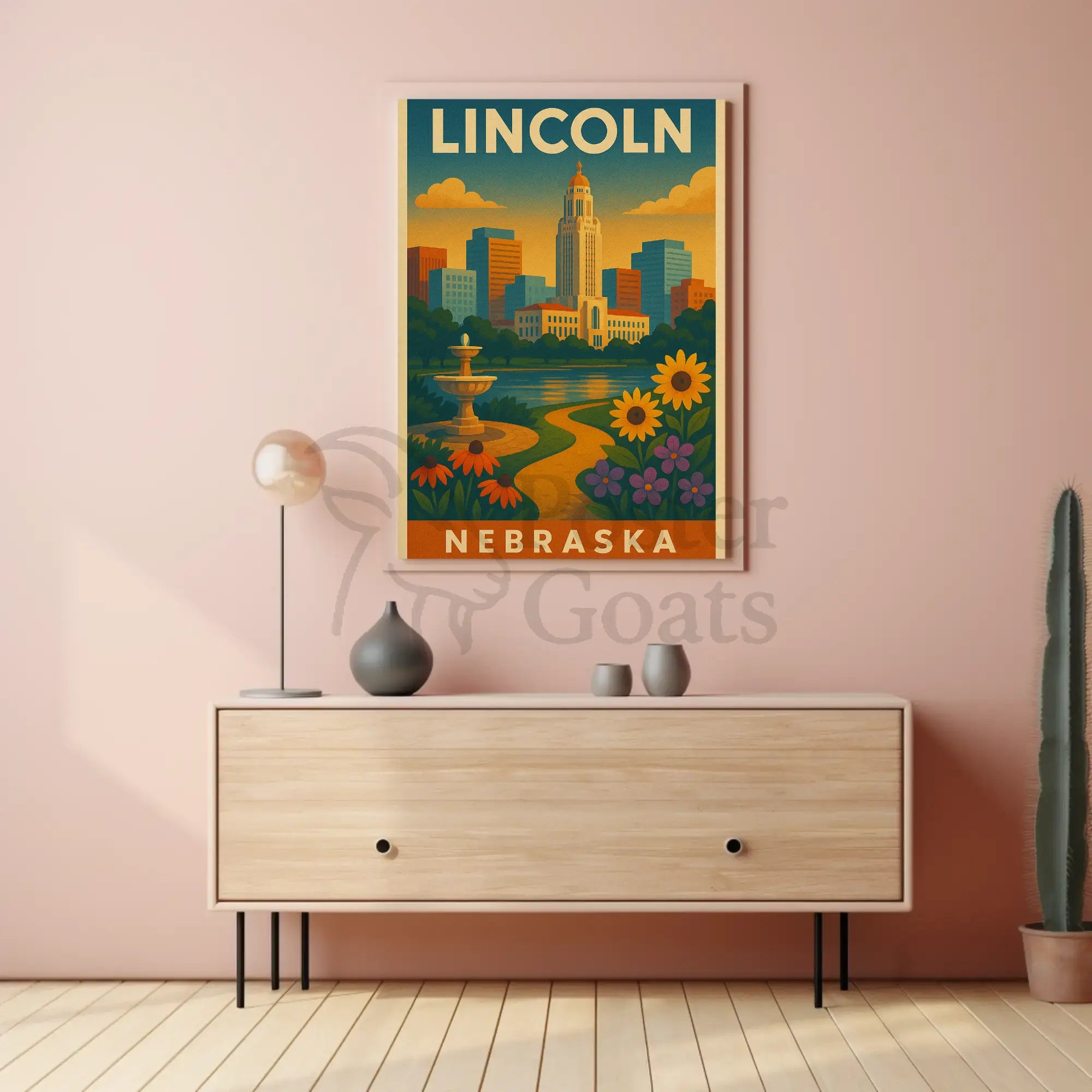 Lincoln Nebraska Vintage Travel Art Deco Skyline Poster PosterGoat