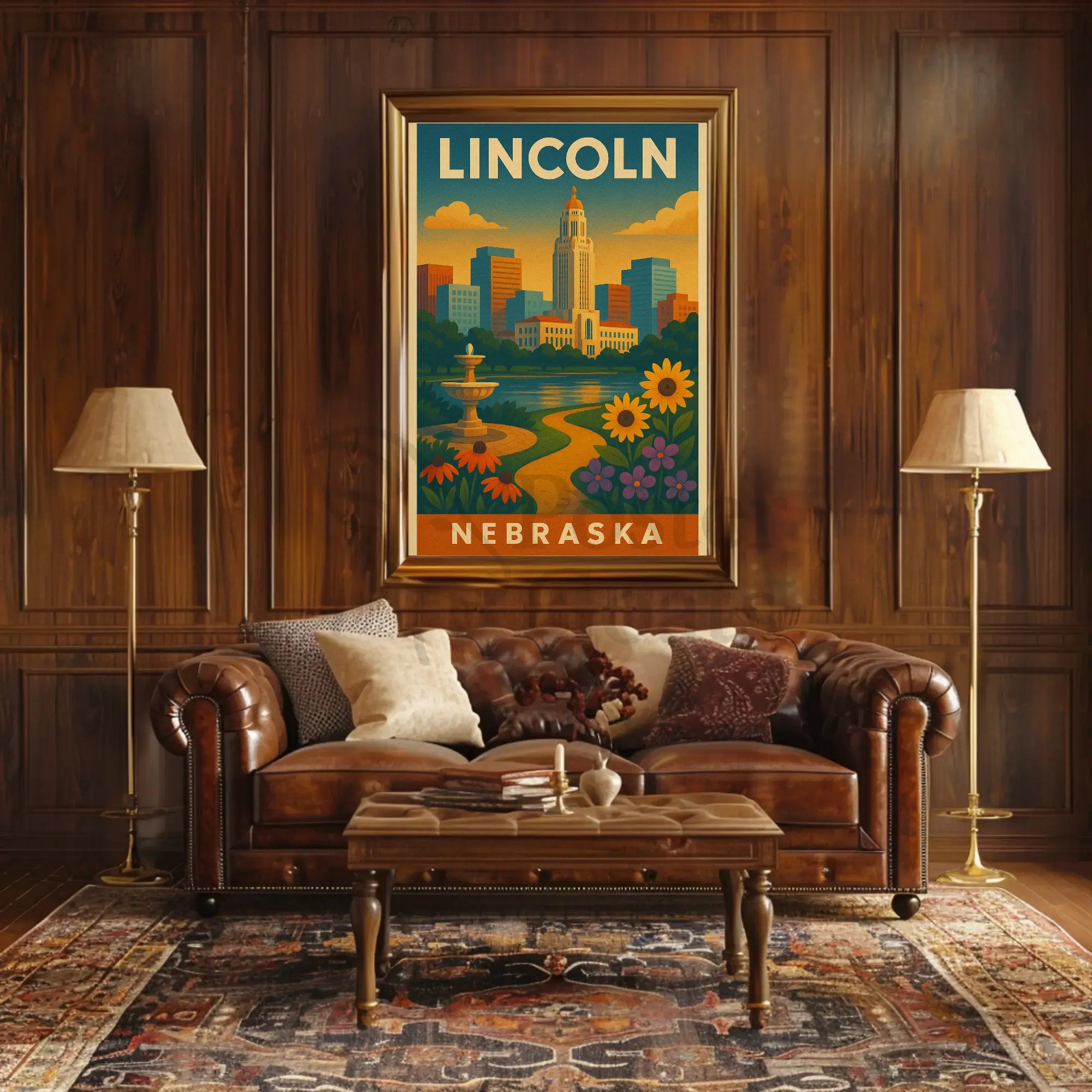 Lincoln Nebraska Vintage Travel Art Deco Skyline Poster PosterGoat