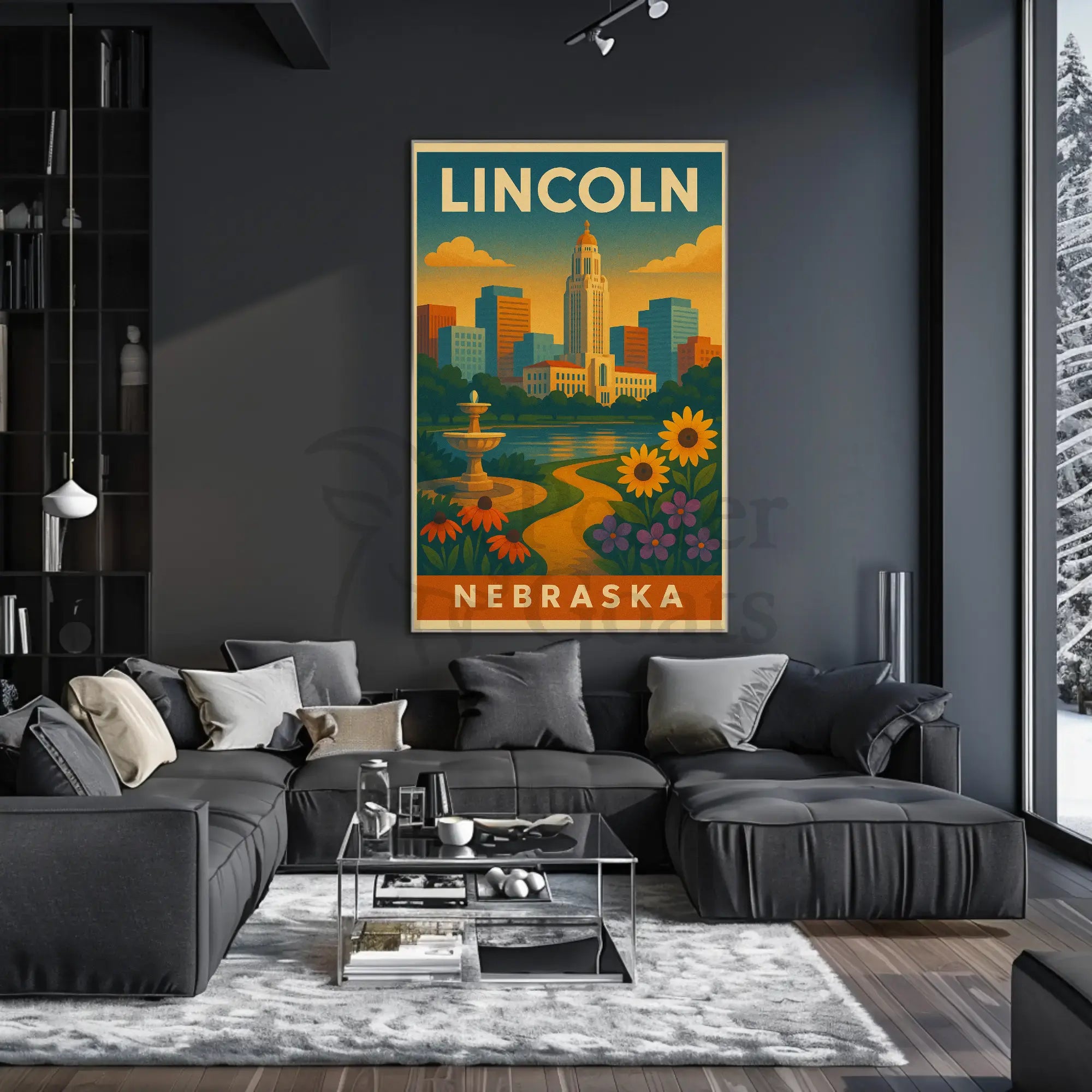 Lincoln Nebraska Vintage Travel Art Deco Skyline Poster PosterGoat