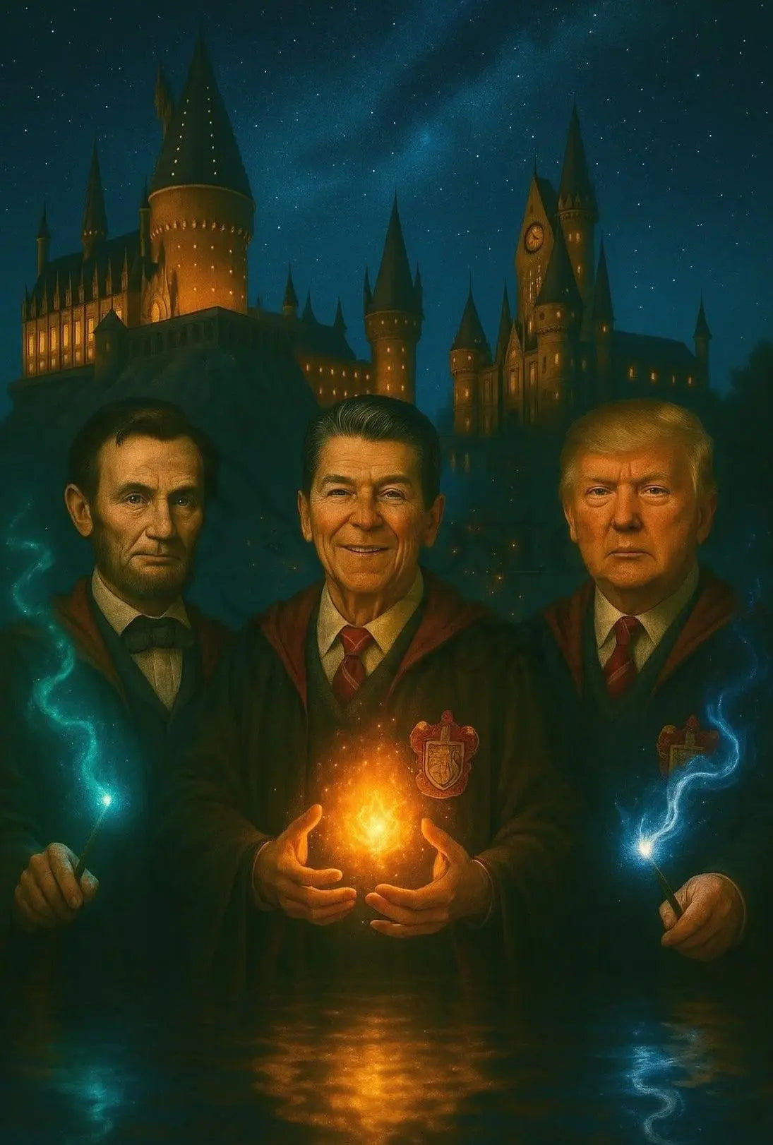 Lincoln Reagan Trump Parody Enchanted Hogwarts Adventure Poster PosterGoat